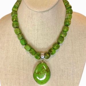 BARSE Sterling Silver Green Turquoise Square Stone Necklace Teardrop Pendant VTG